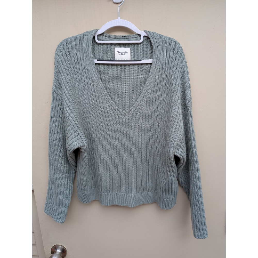 Abercrombie & Fitch Dusty Teal Green Ribbed V-Neck Cotton Blend Sweater Medium